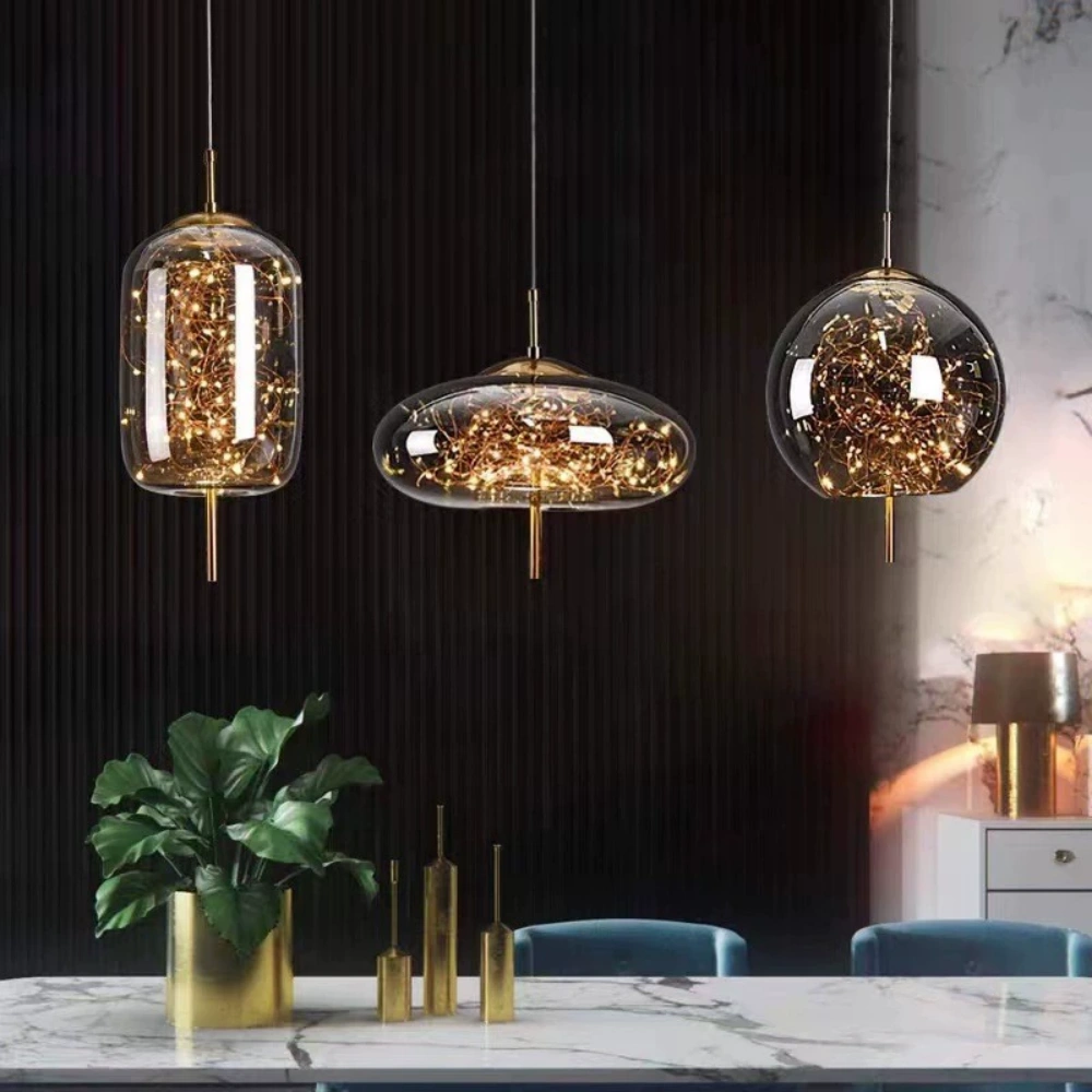 Nordic Kitchen Island Amber Glass Pendant Light Starry Sky 4-Head Chandelier