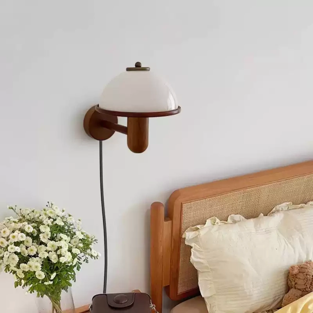 Vintage Wooden Wall Lamp Glass Shade