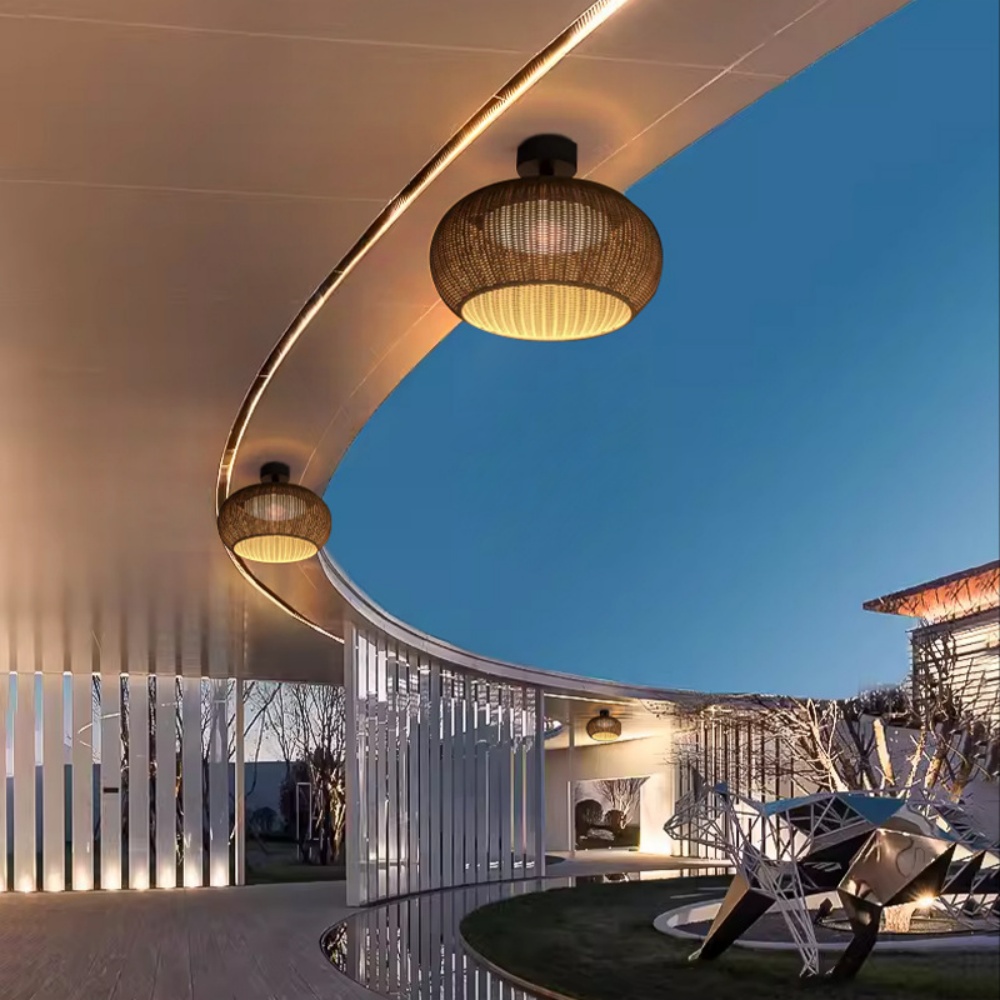 Outdoor Waterproof Rattan Ceiling Lampshade Porch Light