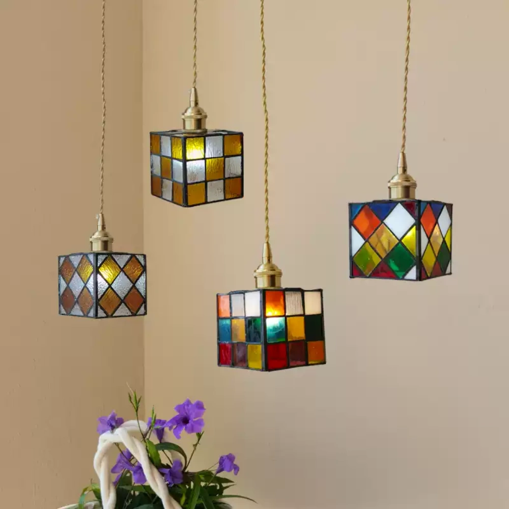 Japanese Retro Colored Magic Cube Handmade Glass Small Pendant Light