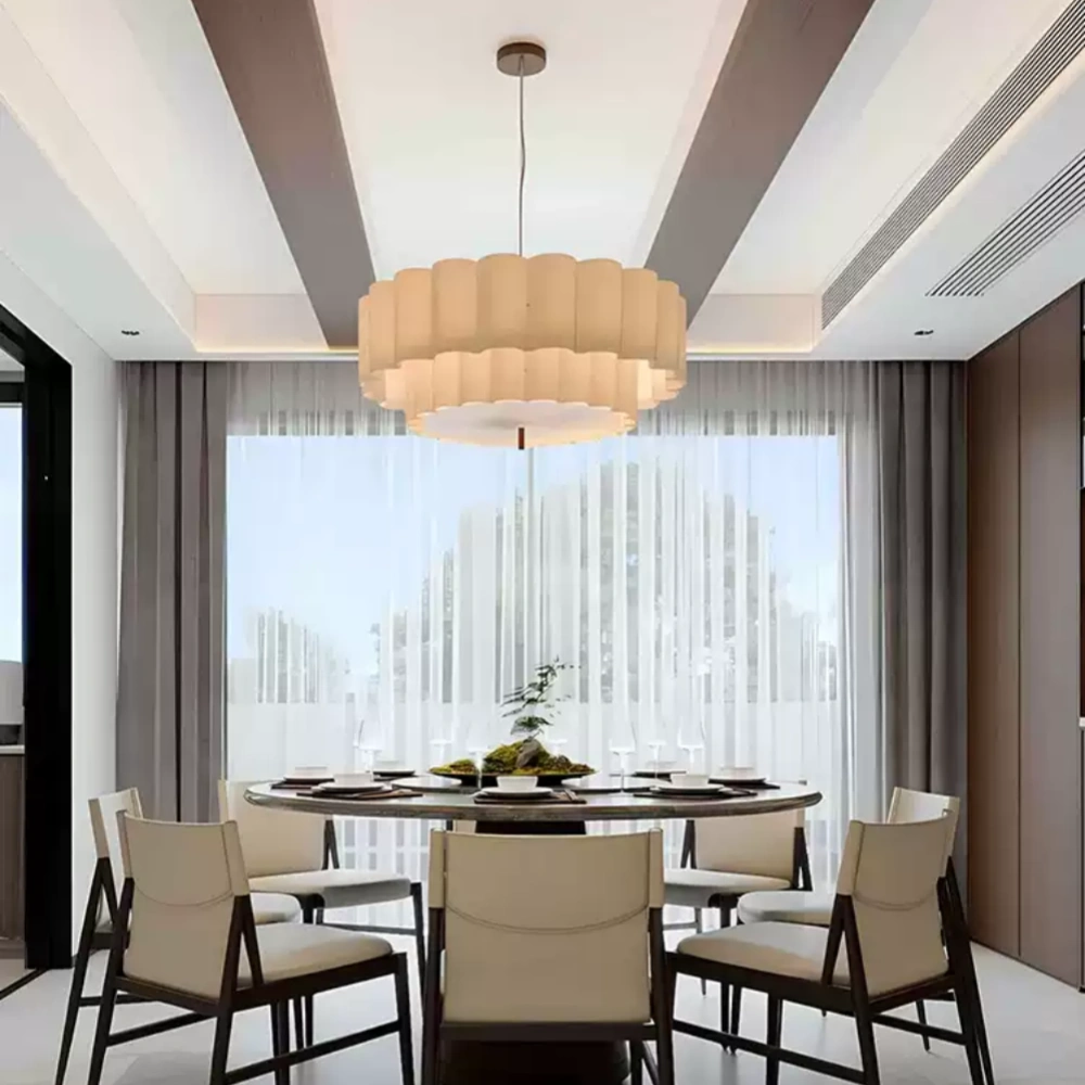 French Cream Living Room Double Layer Cake Shaped Fabric Pendant Light