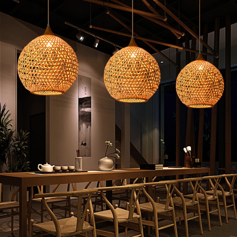 5-Head Wabi-sabi Restaurant Staircase Light Hand-woven Bamboo Pendant Light