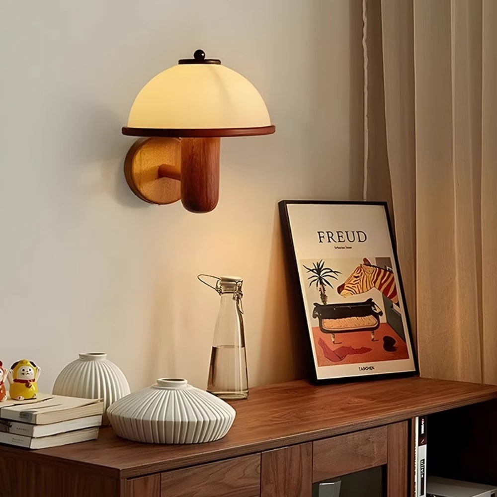 Vintage Wooden Wall Lamp Glass Shade