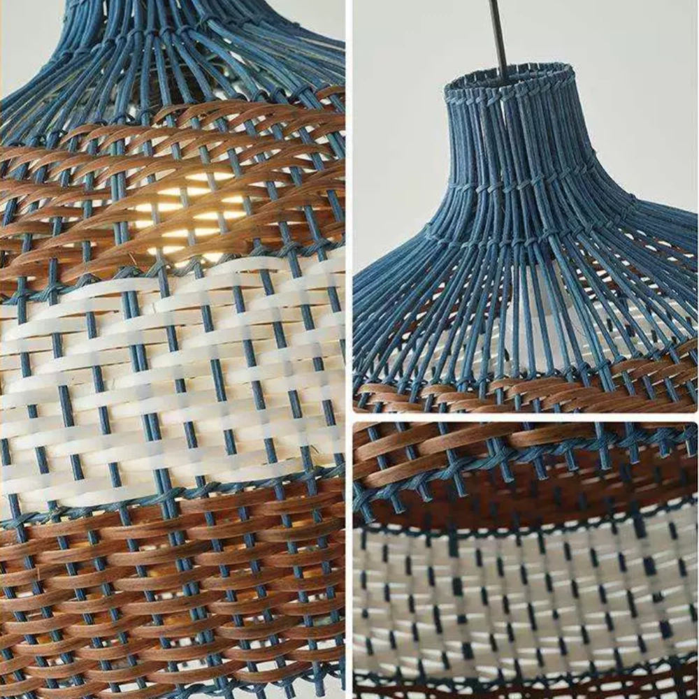 Coastal Kitchen Island Blue Rattan Pendant Light