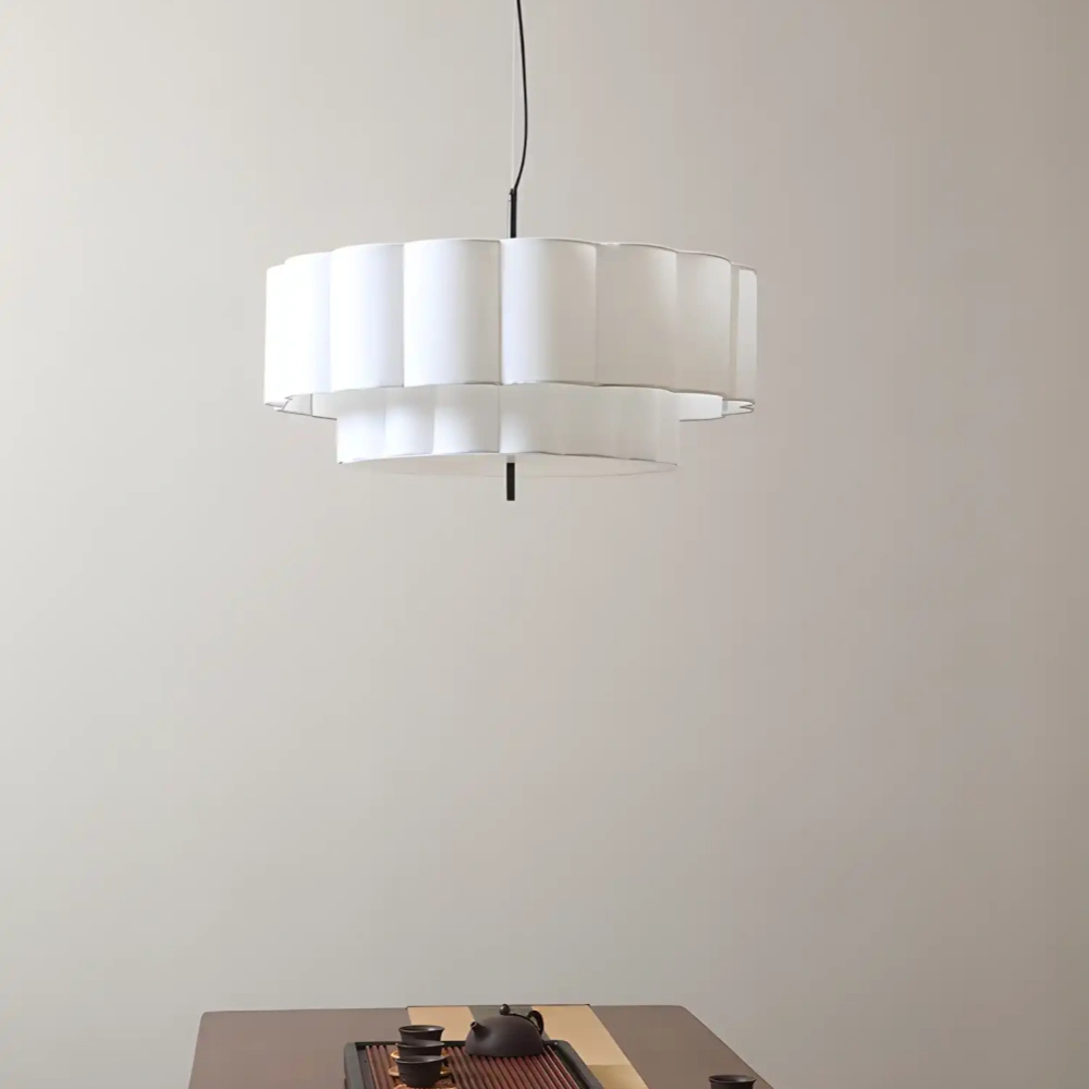 French Cream Living Room Double Layer Cake Shaped Fabric Pendant Light