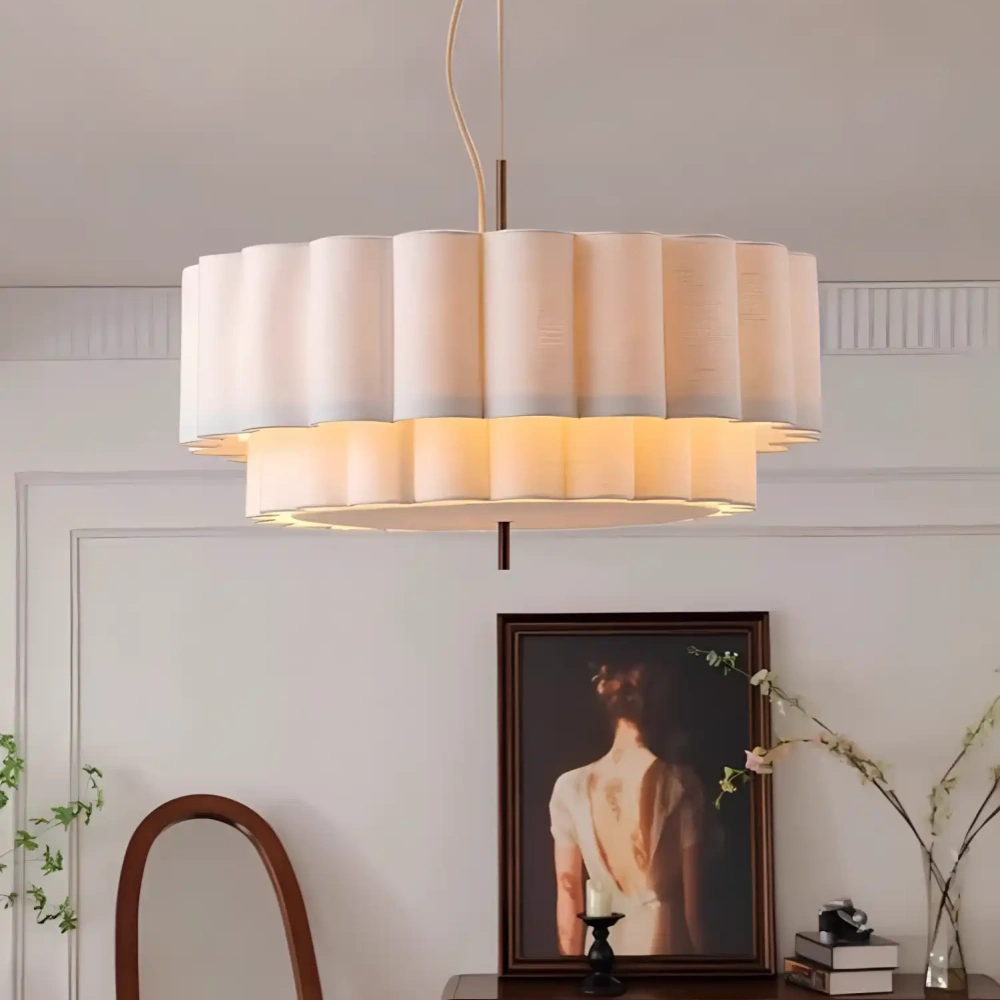 French Cream Living Room Double Layer Cake Shaped Fabric Pendant Light