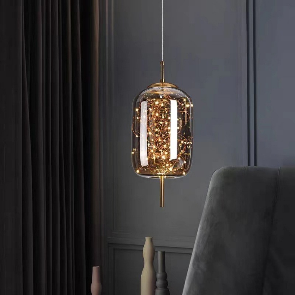 Nordic Kitchen Island Amber Glass Pendant Light Starry Sky 4-Head Chandelier