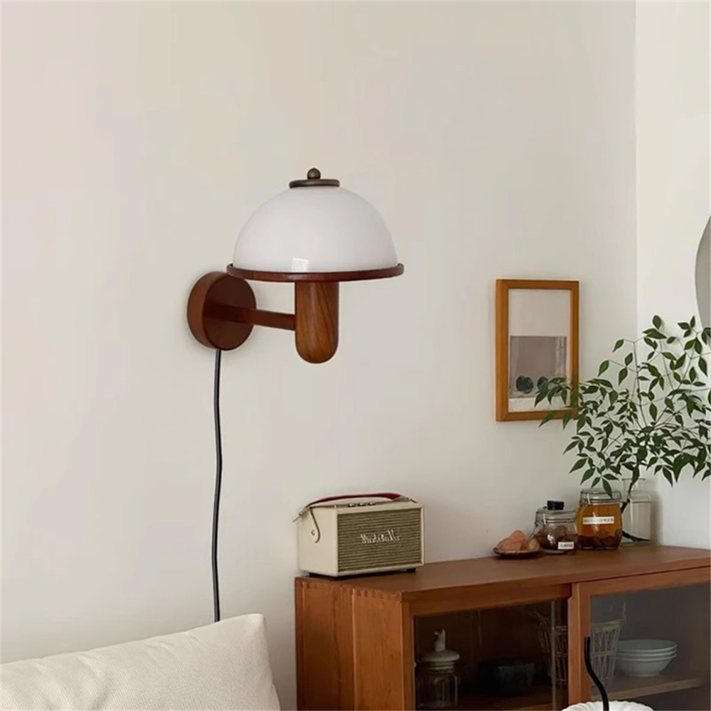 Vintage Wooden Wall Lamp Glass Shade