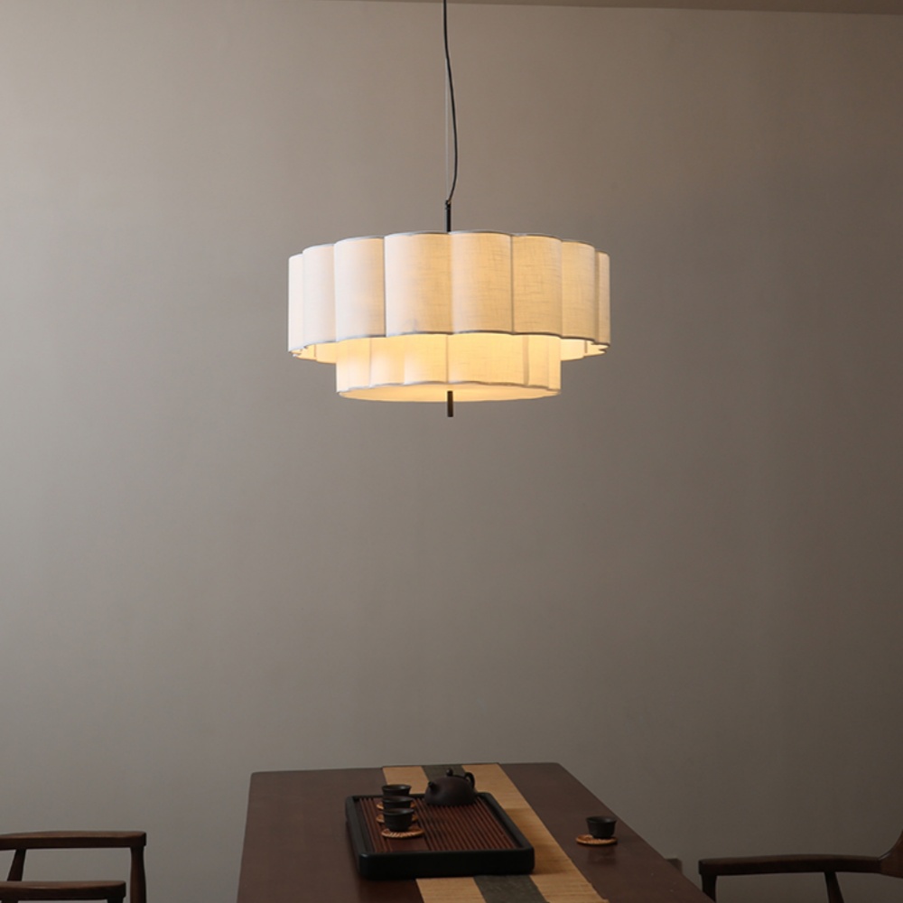 French Cream Living Room Double Layer Cake Shaped Fabric Pendant Light