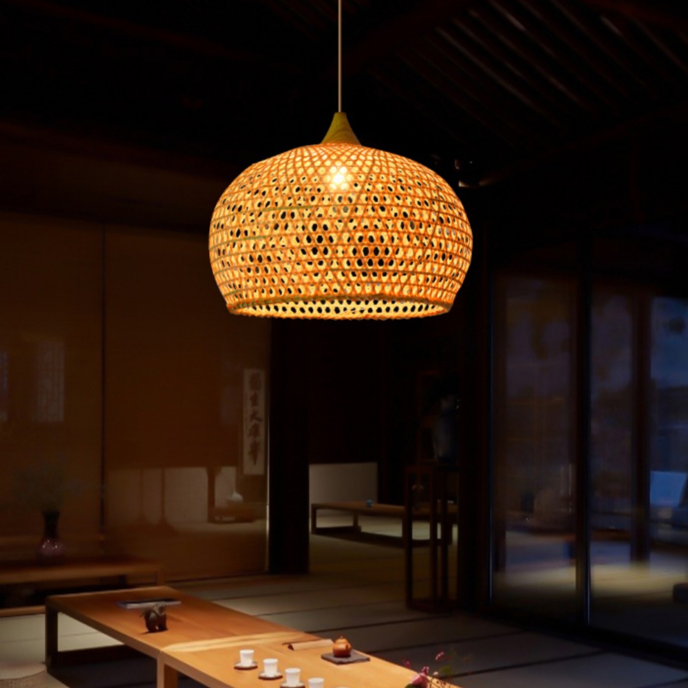 5-Head Wabi-sabi Restaurant Staircase Light Hand-woven Bamboo Pendant Light