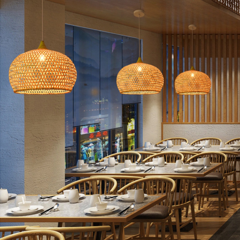 5-Head Wabi-sabi Restaurant Staircase Light Hand-woven Bamboo Pendant Light