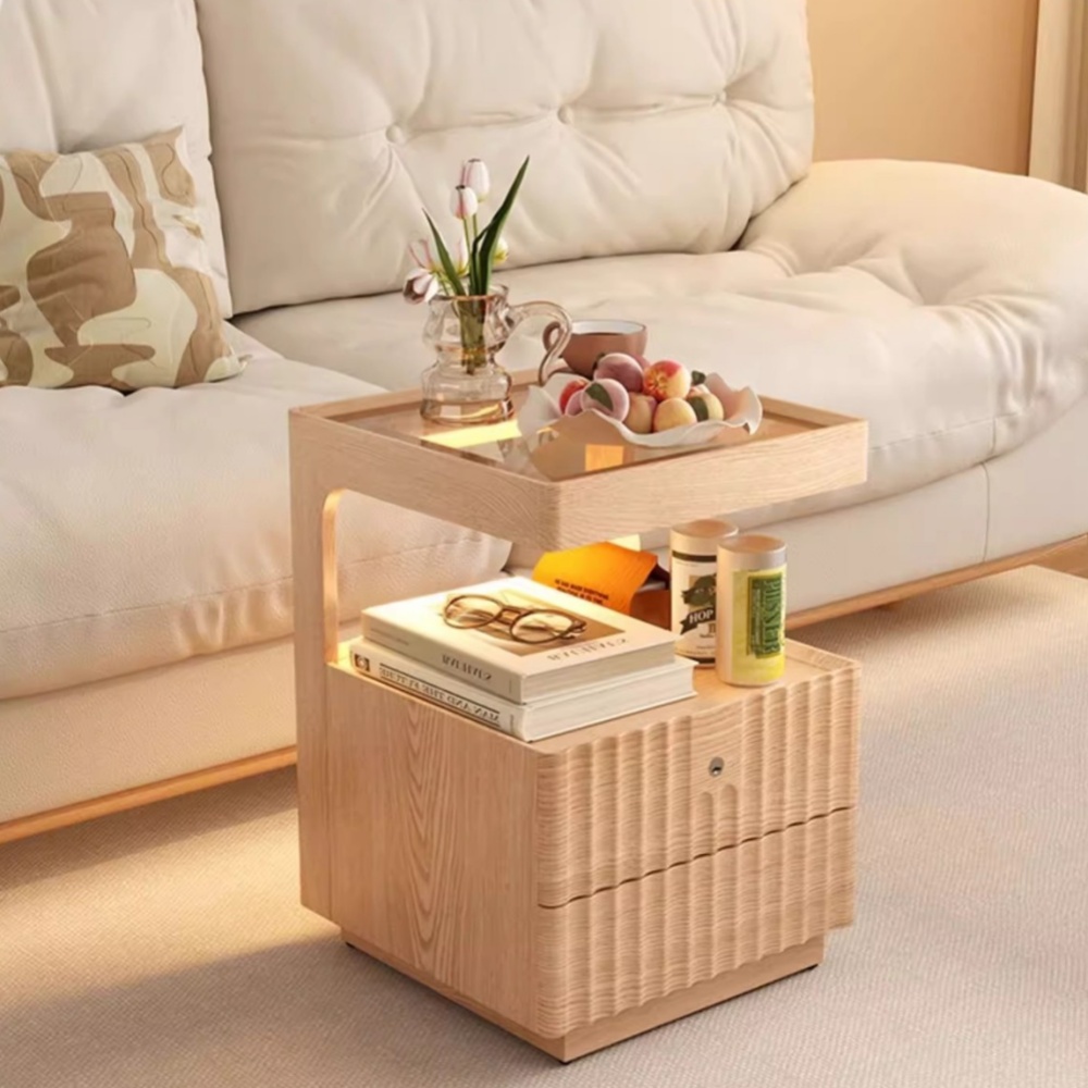 Bedroom Solid Wood Lockable Bedside Table Living Room With Lamp Side Table