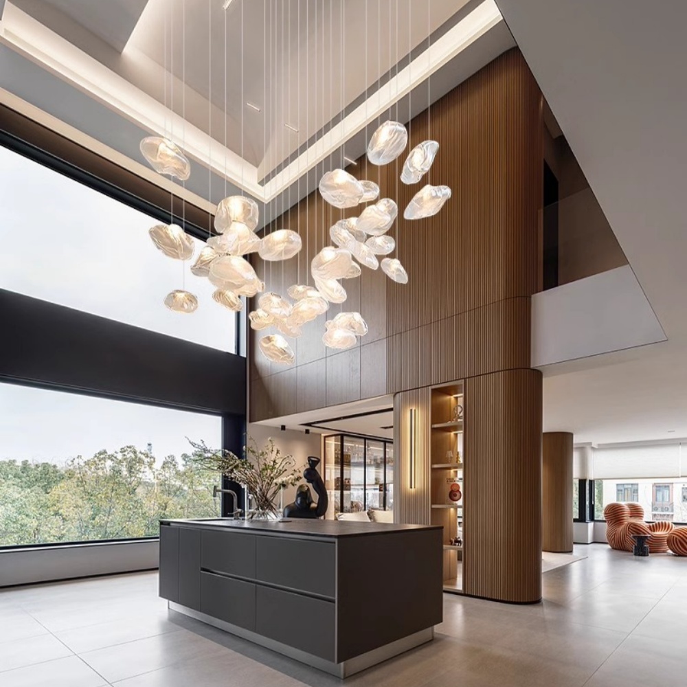 Duplex Staircase Living Room Hotel Glass Cloud Shape Pendant Light