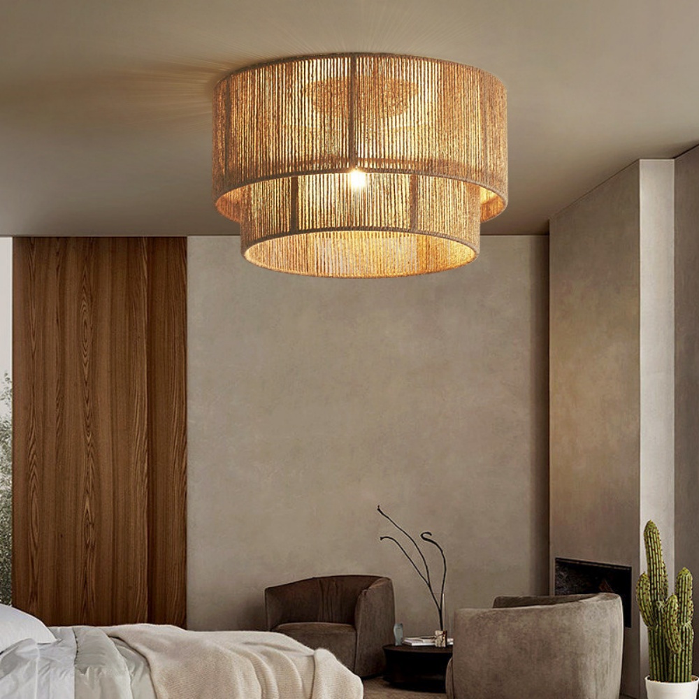 Wabi-sabi Style Living Room Bedroom Lamp Double Layer Hemp Rope Ceiling Light