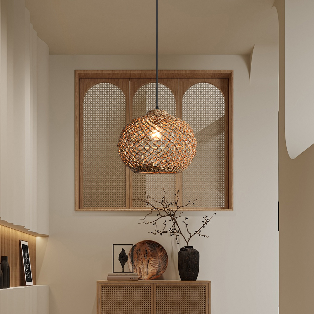Wabi-sabi Style Hand-woven Rattan Pendant Light Bedroom Restaurant Lampshade