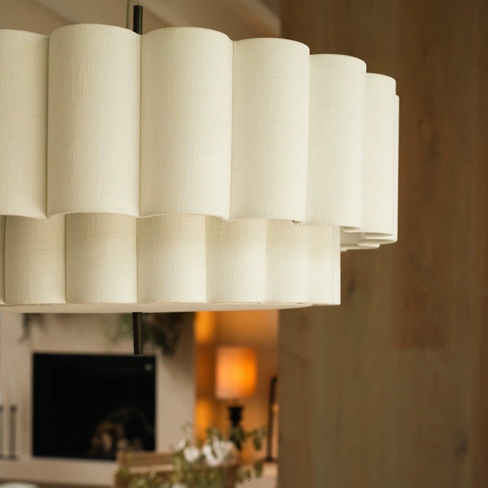 French Cream Living Room Double Layer Cake Shaped Fabric Pendant Light