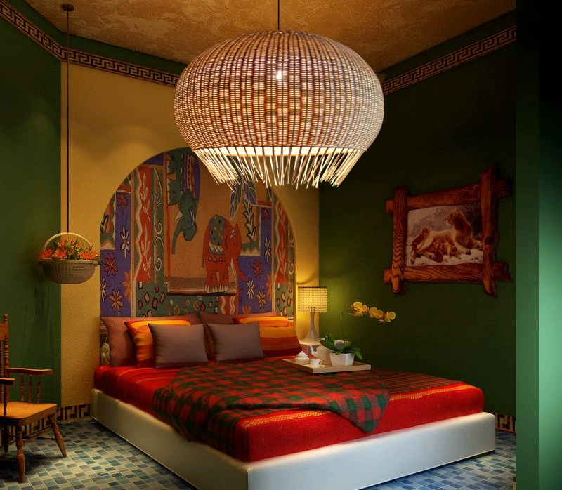 Rustic Rattan Pendant Lamp Wicker Chandelier Hand-Woven Boho Basket Lampshade DIY Handmade Hanging Light