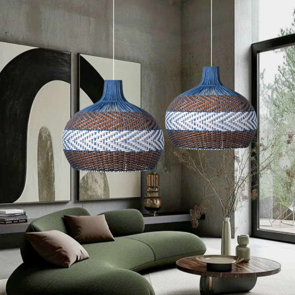 Handwoven Blue Rattan Pendant Light