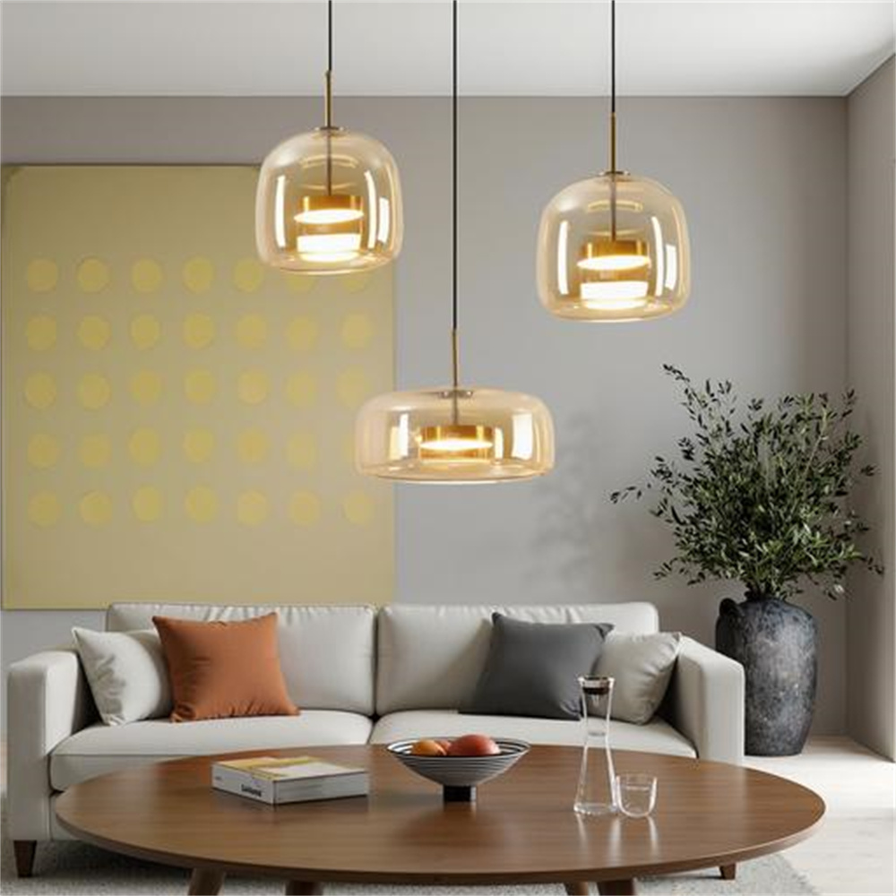 Modern Simple Dining Room Amber Glass Single Head Pendant Light