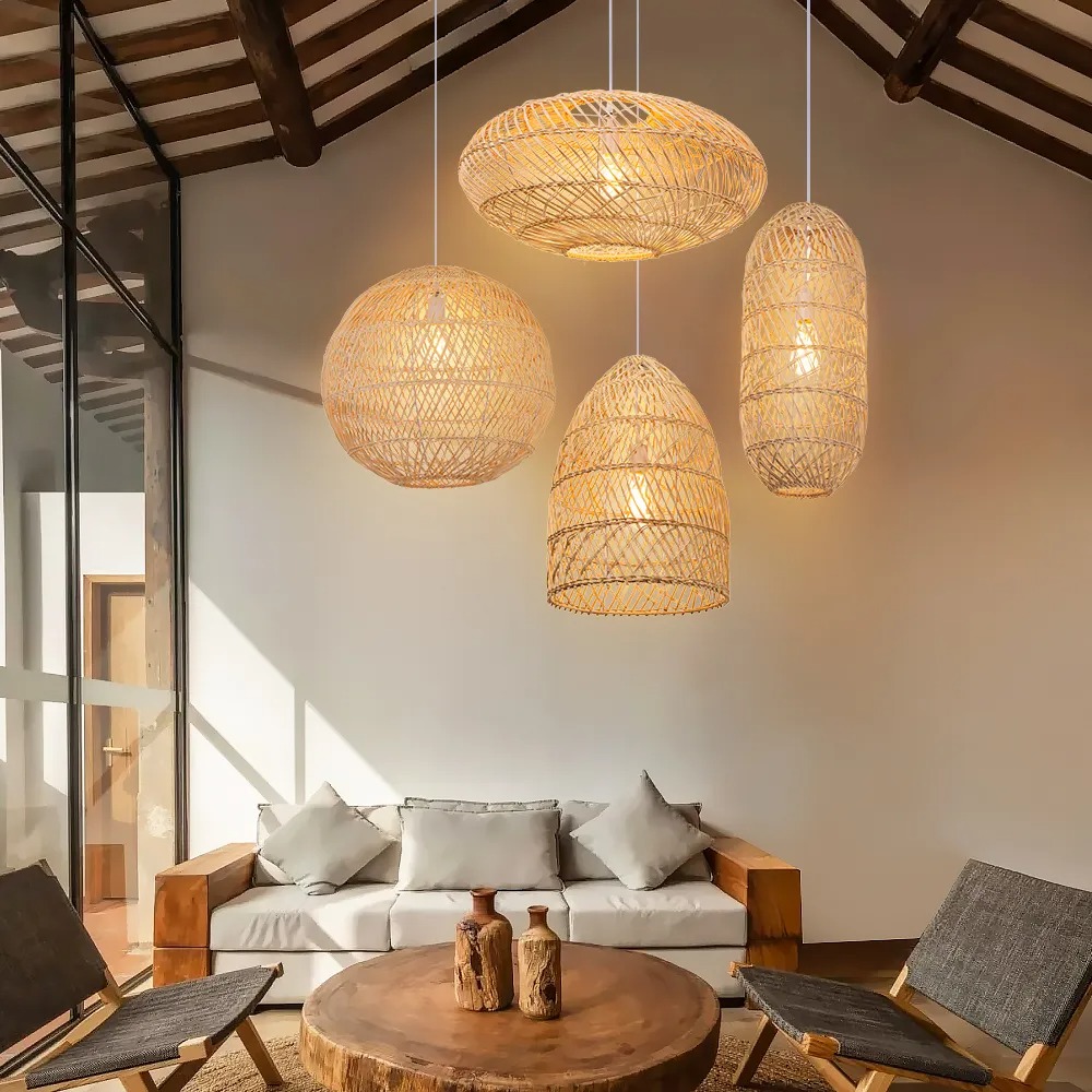 Basket Rattan Woven Lantern Chandelier Pendant Lamp Shade for Dining Room