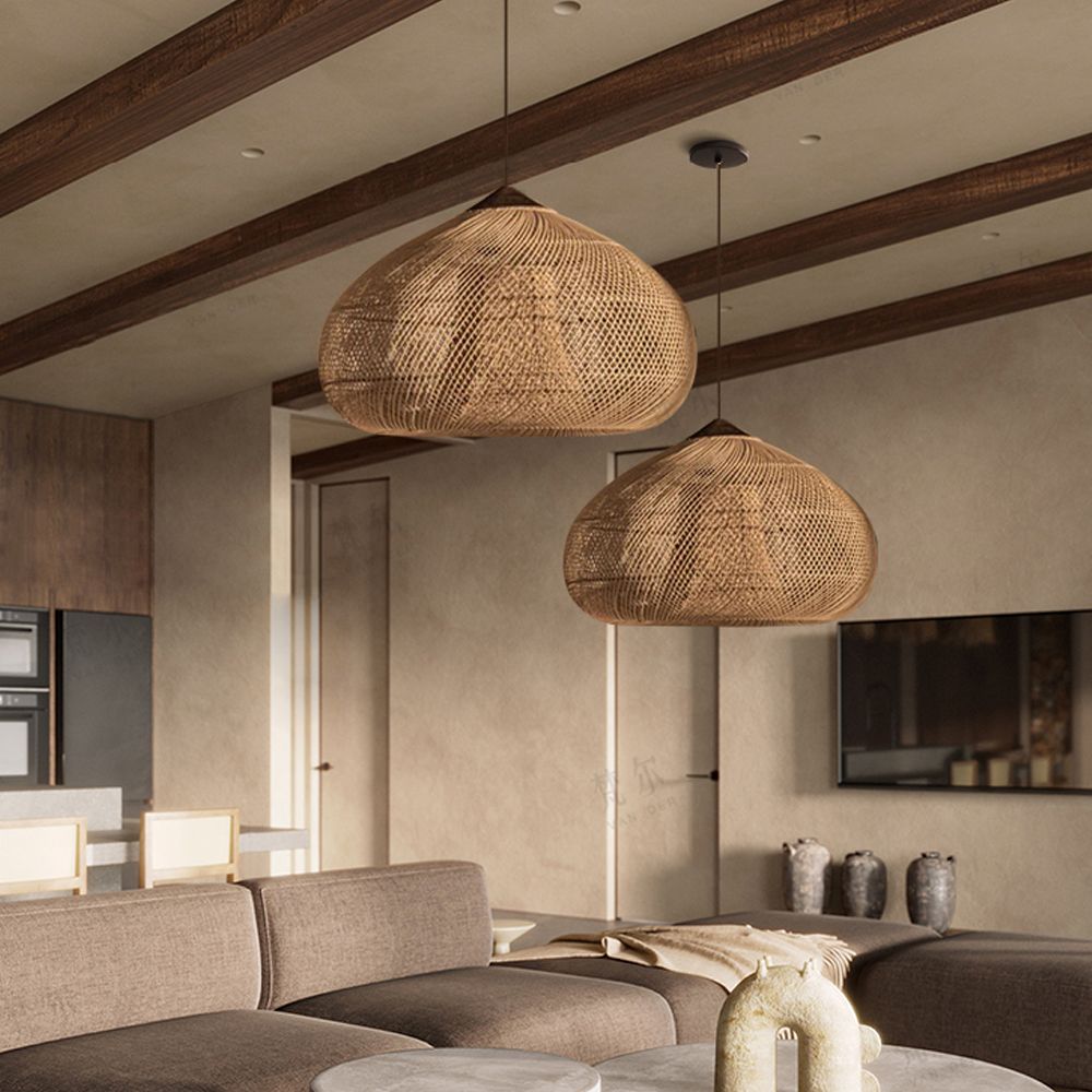 Wabi-sabi Retro Living Room Rattan Pendant Light Solid Wood Restaurant Lampshade