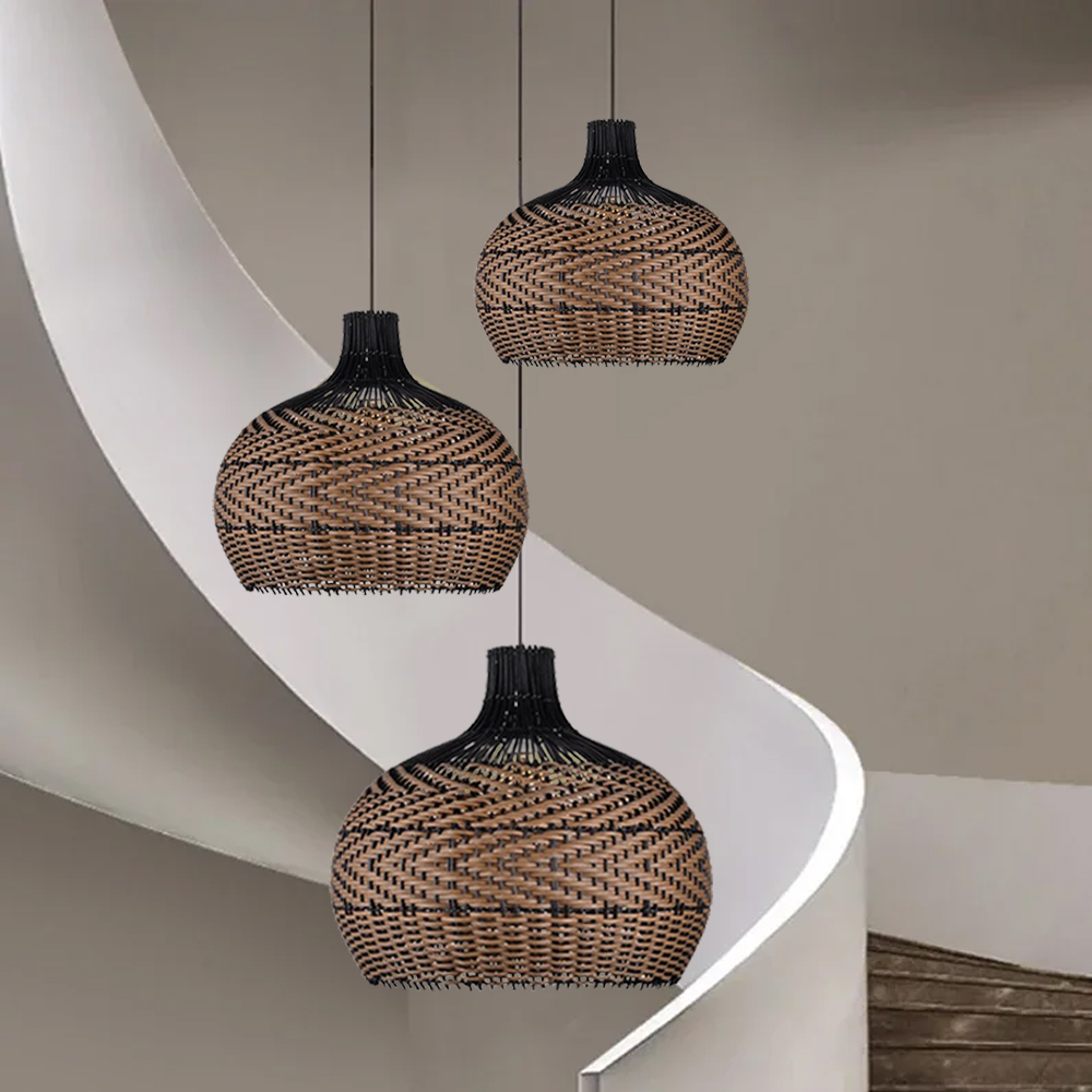 Dark Color Black Brown Stripes Rattan Pendant Shade