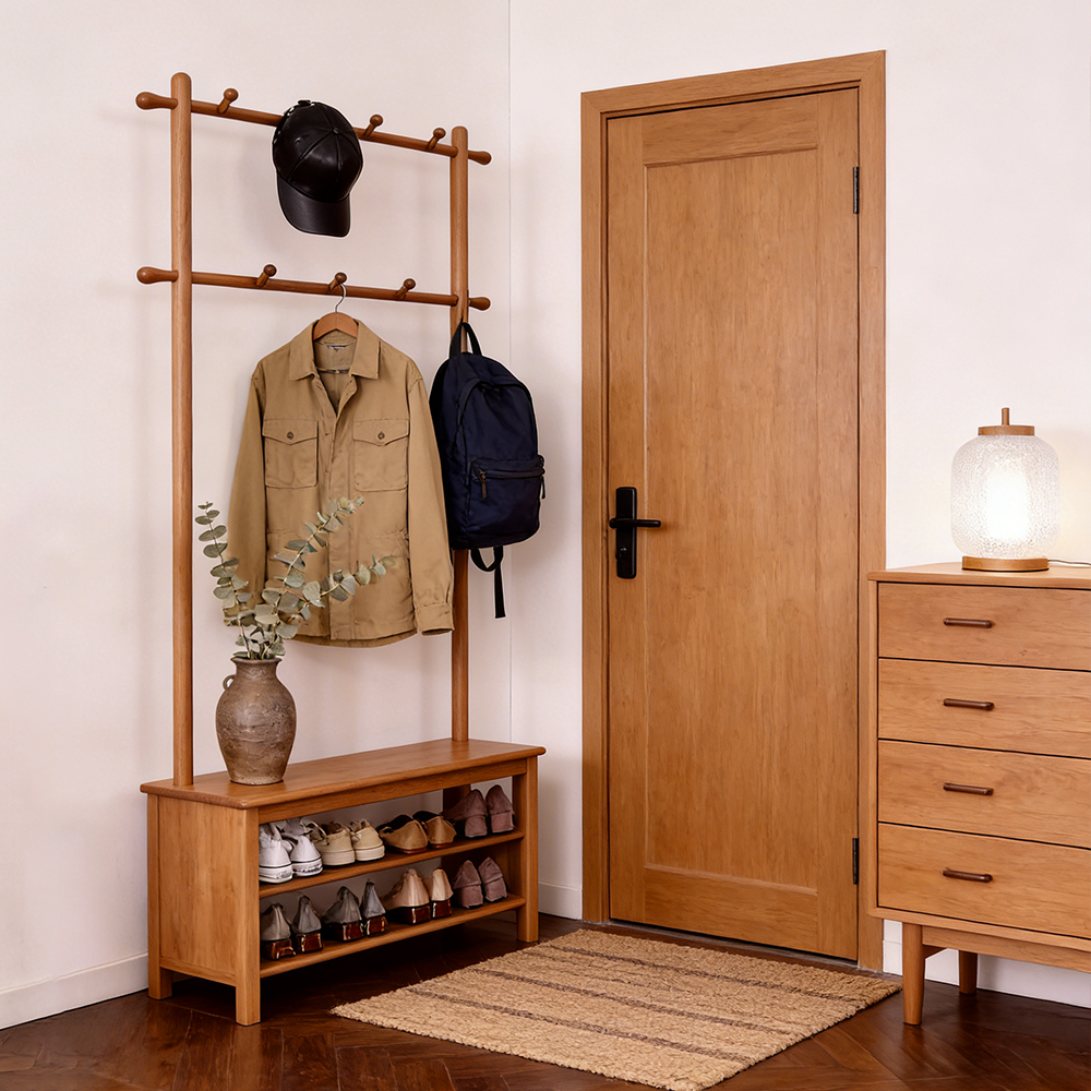 Multi Functional Solid Wood Entryway Coat Rack Shoe Rack Combo Entryway Bench