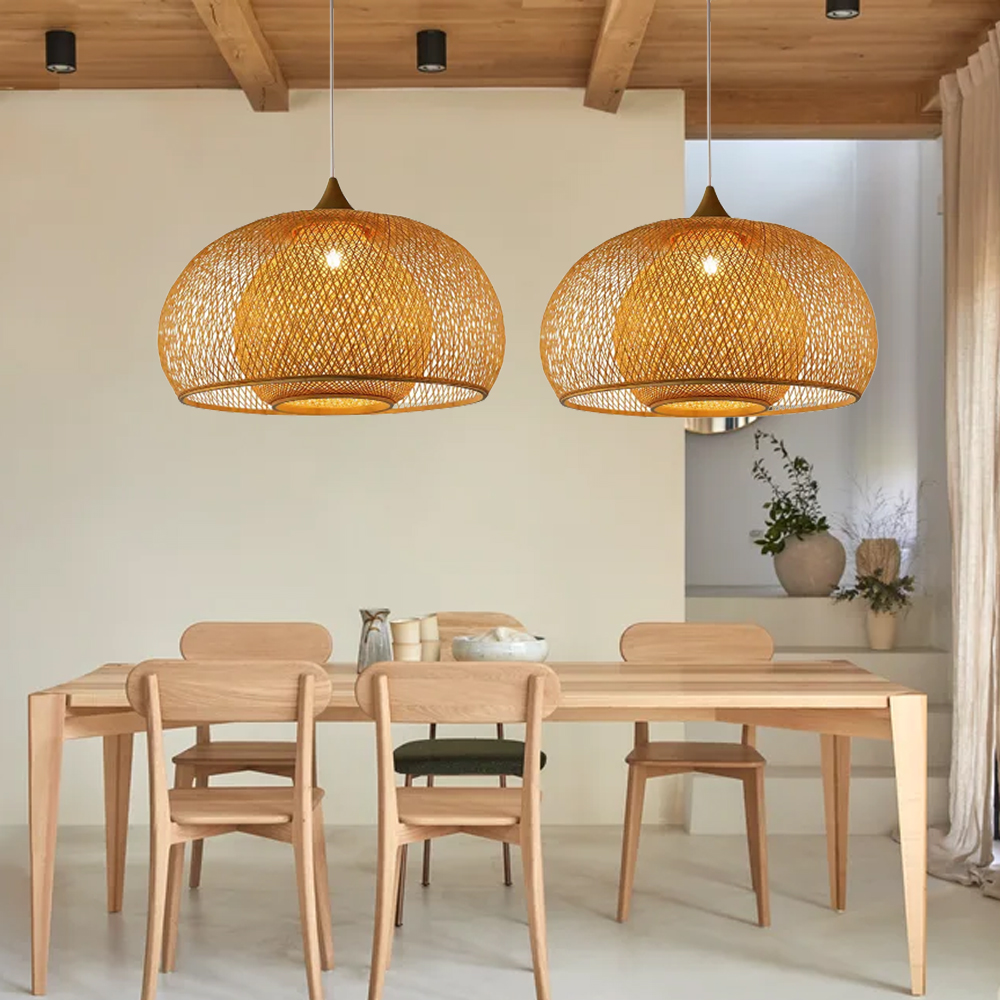 Open Weave Dome Rattan Pendant Light Boho Wicker Hanging Ceiling Lamp for Bedroom