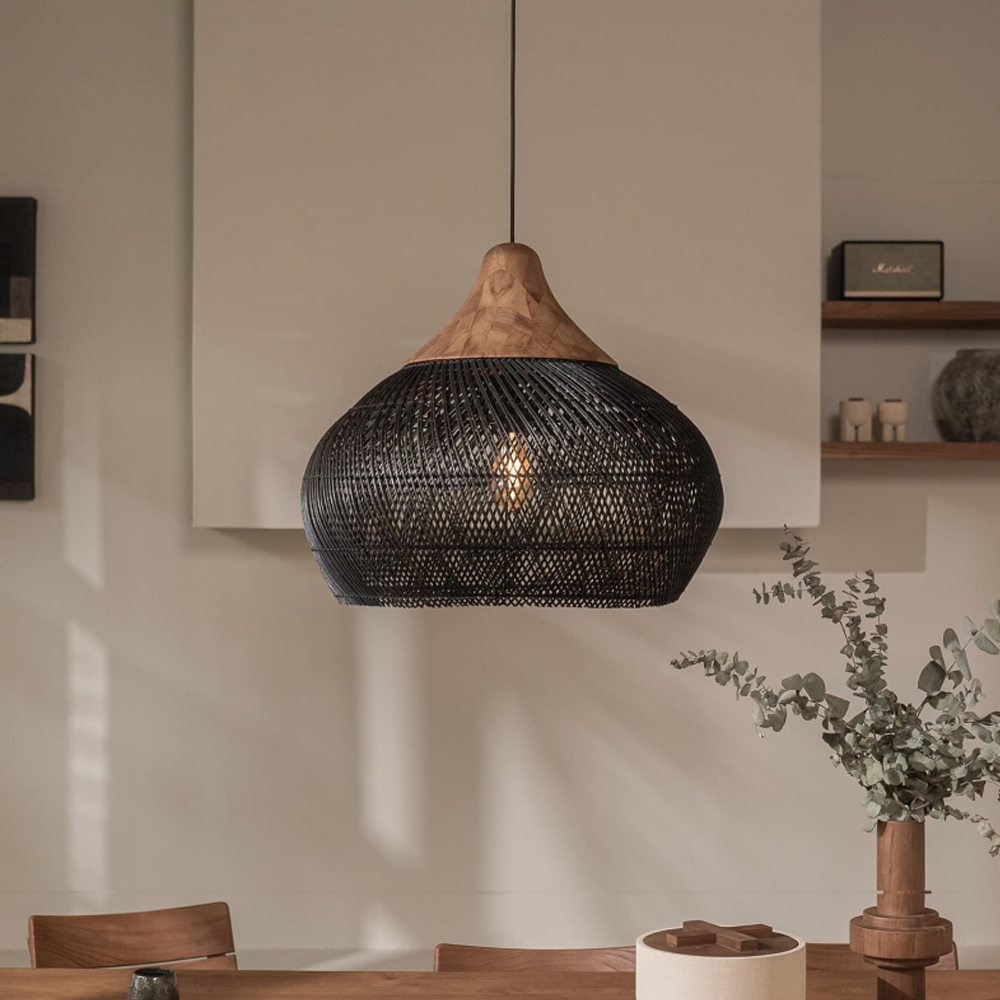 Wabi-sabi Retro Living Room Rattan Pendant Light Solid Wood Restaurant Lampshade