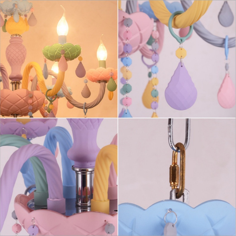Macaron Crystal Chandelier European Candle Pendant Light Cartoon Princess Room