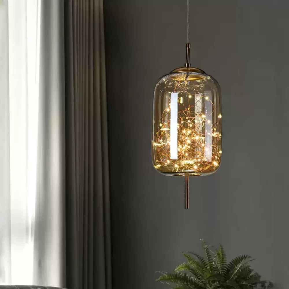 Nordic Kitchen Island Amber Glass Pendant Light Starry Sky 4-Head Chandelier