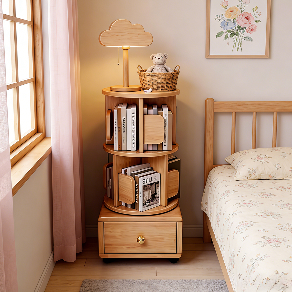 Movable Solid Wood Rotating Bookshelf Bedroom Kids Storage Cabinet Multi Functional Bedside Nightstand