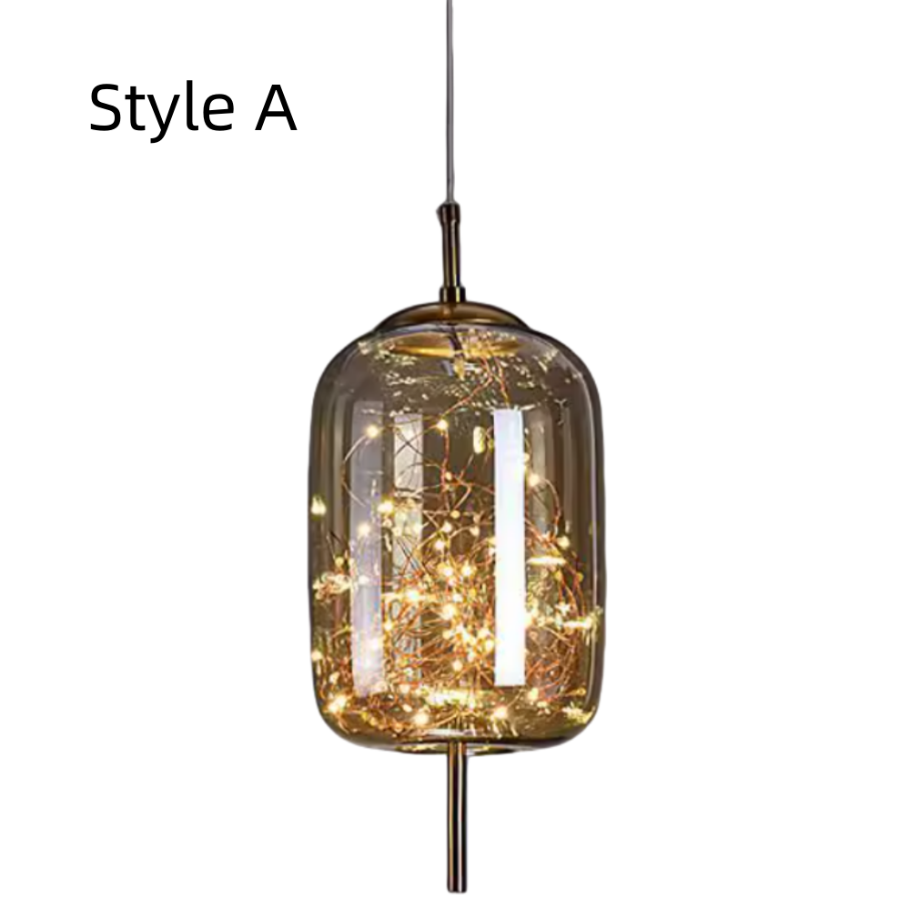 Nordic Kitchen Island Amber Glass Pendant Light Starry Sky 4-Head Chandelier