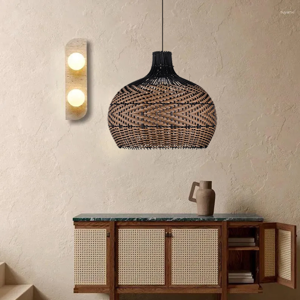 Dark Color Black Brown Stripes Rattan Pendant Shade