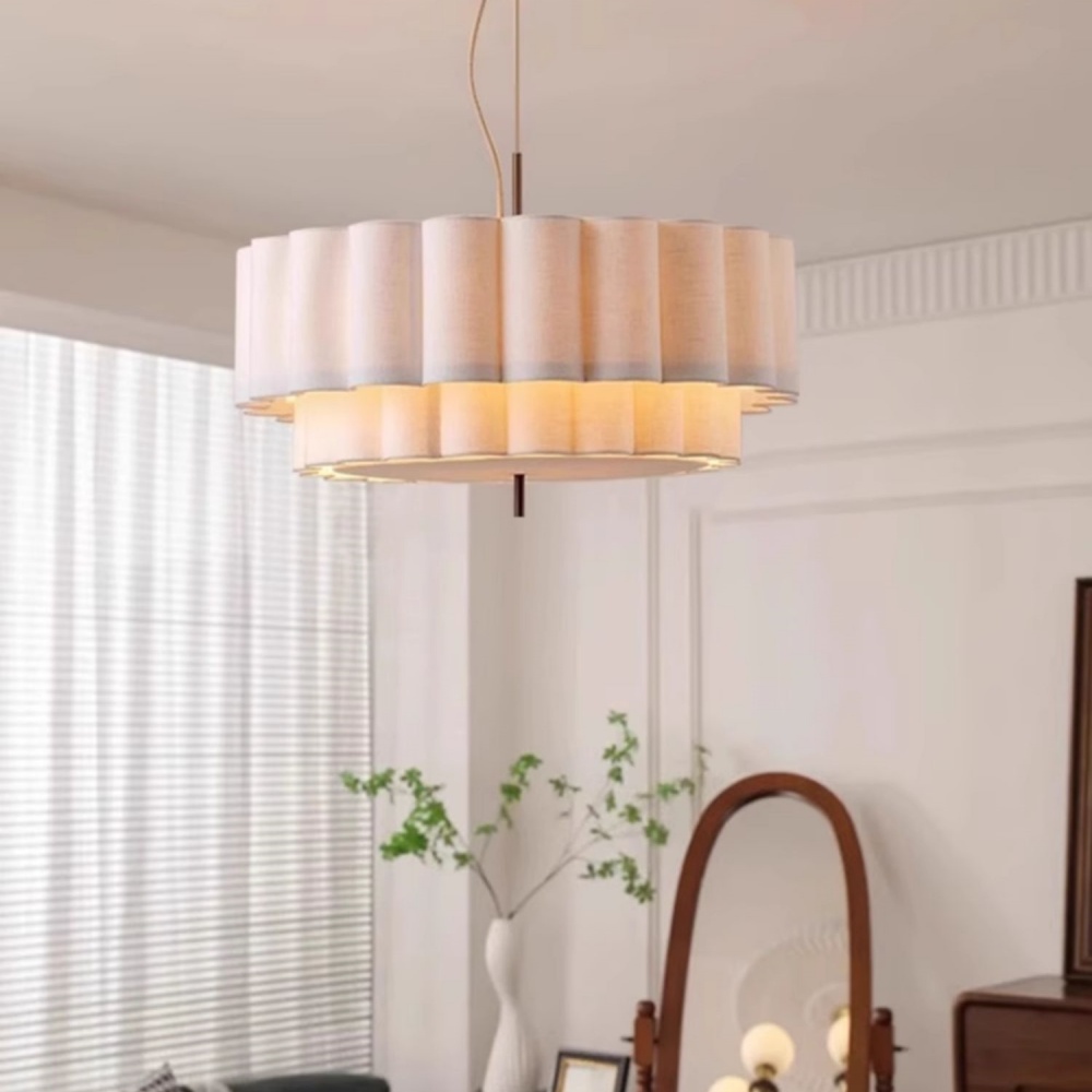 French Cream Living Room Double Layer Cake Shaped Fabric Pendant Light