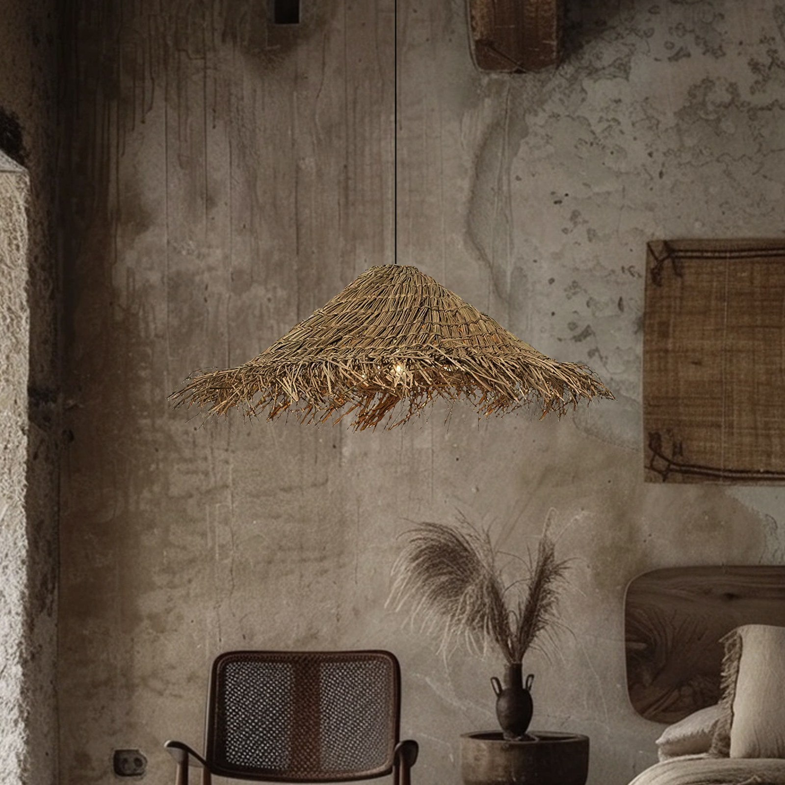 Wabi-sabi Style Chandelier Bedroom Rattan Tassel Straw Hat Pendant Lights