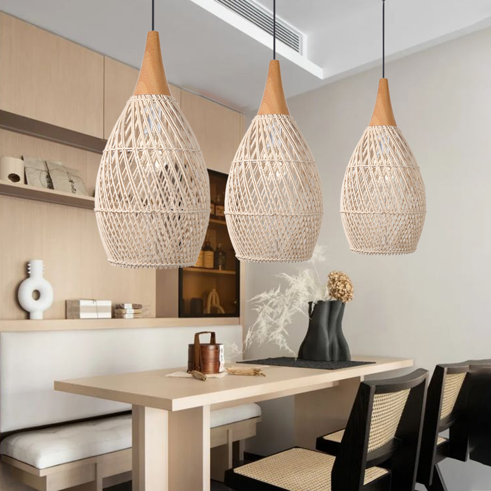 Wabi-sabi Retro Living Room Rattan Pendant Light Solid Wood Restaurant Lampshade