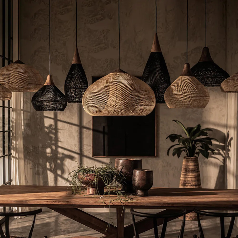 Wabi-sabi Retro Living Room Rattan Pendant Light Solid Wood Restaurant Lampshade
