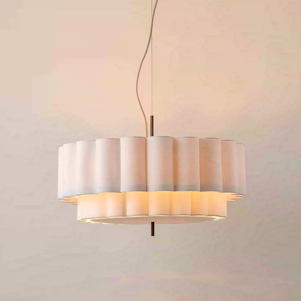 French Cream Living Room Double Layer Cake Shaped Fabric Pendant Light