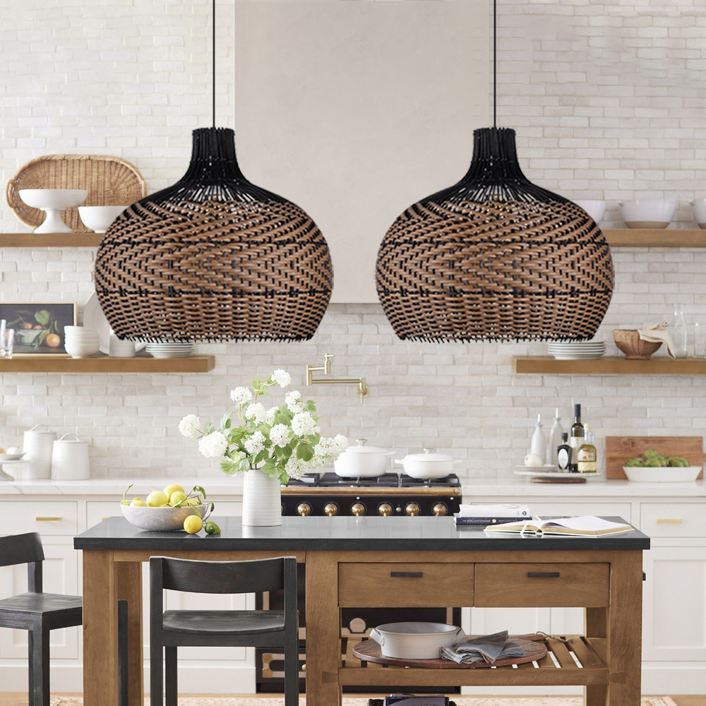 Dark Color Black Brown Stripes Rattan Pendant Shade
