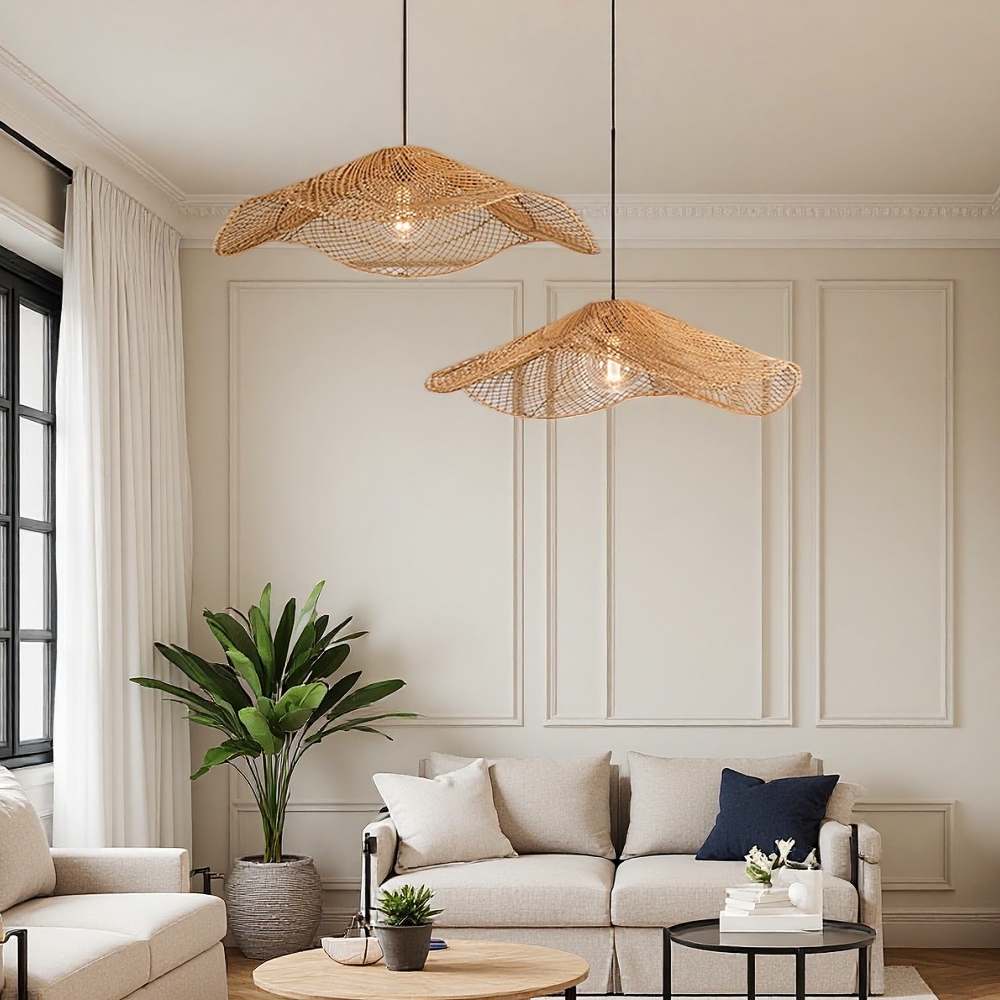 Boho Rattan Cluster Pendant Light  Woven Chandelier for Coastal & Wabi-Sabi Dining Areas