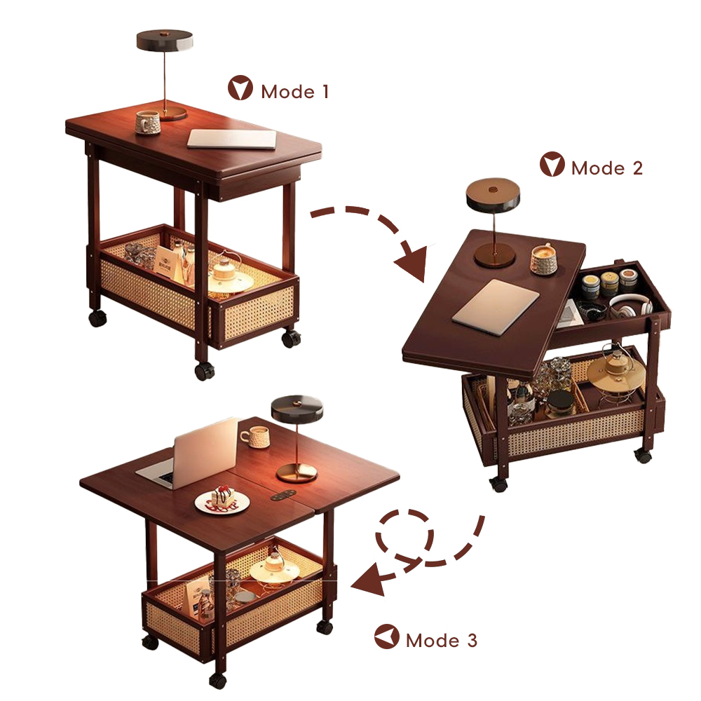 Foldable Rolling Side Table with Storage Shelf Mobile Sofa Side Table for Living Room