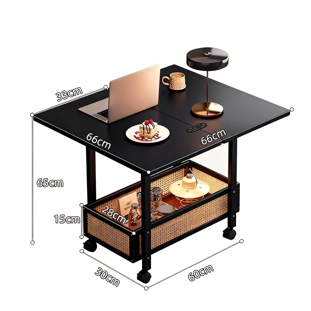 Foldable Rolling Side Table with Storage Shelf Mobile Sofa Side Table for Living Room