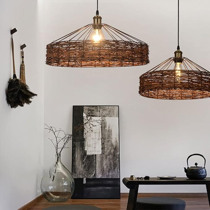 Natural Handwoven Rattan Pendant Lamp Industrial Farmhouse Ceiling Light for Coastal & Wabi-Sabi Decor