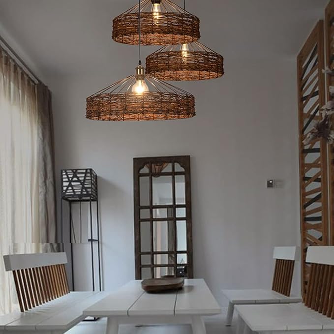 Natural Handwoven Rattan Pendant Lamp Industrial Farmhouse Ceiling Light for Coastal & Wabi-Sabi Decor