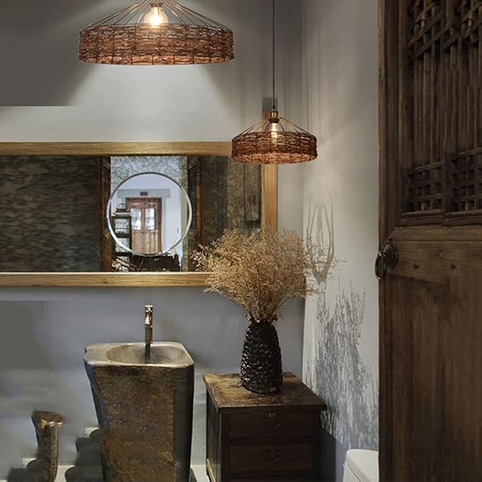 Natural Handwoven Rattan Pendant Lamp Industrial Farmhouse Ceiling Light for Coastal & Wabi-Sabi Decor