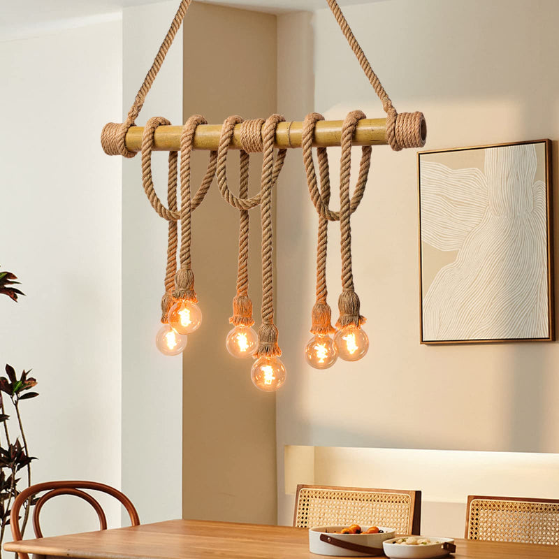 Industrial Vintage 6-Lights Island Pendant Light with Rope