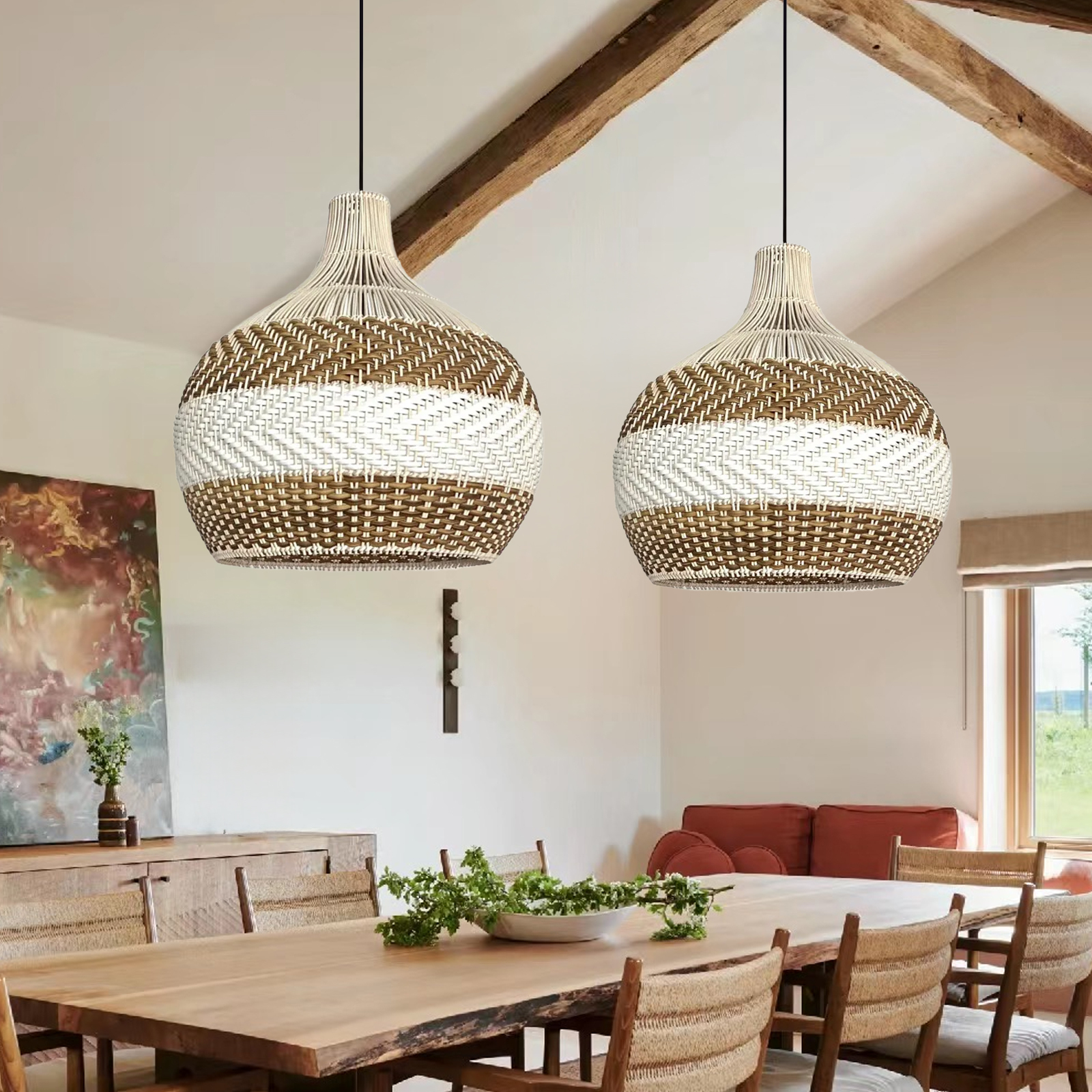 Lamppo White Rattan Pendant Light Interior Decor Hanging Lampshade for ...