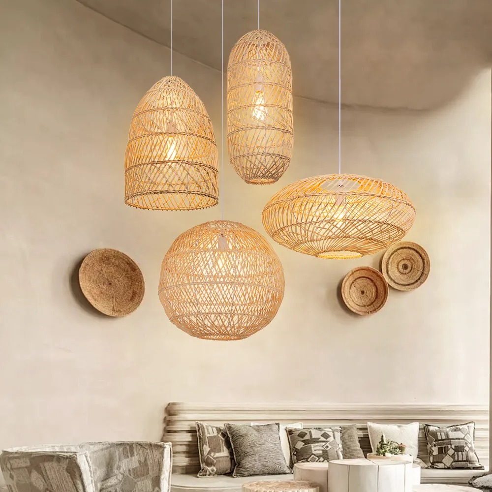 Basket Rattan Woven Lantern Chandelier Pendant Lamp Shade for Dining Room