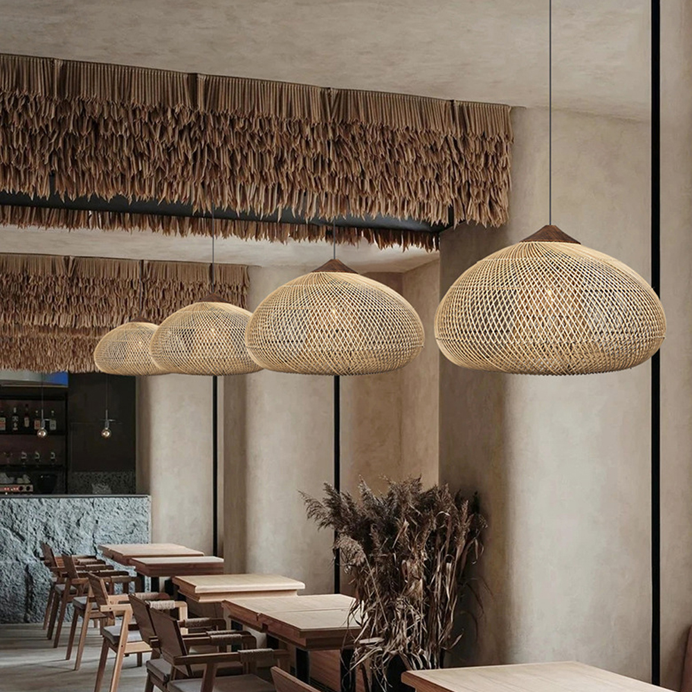 Wabi-sabi Retro Living Room Rattan Pendant Light Solid Wood Restaurant Lampshade